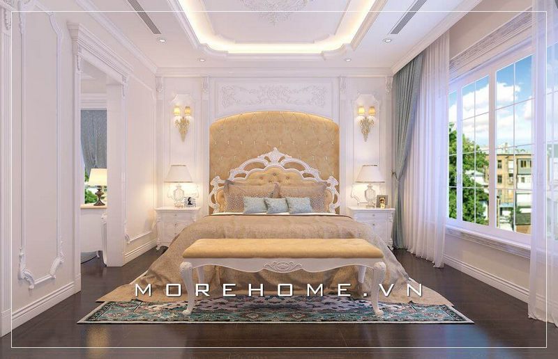 Giường ngủ bọc nỉ phong cách tân cổ điển sang trọng, mềm mại phù hợp với nhiều không gian phòng ngủ chung cư, biệt thự cao cấp